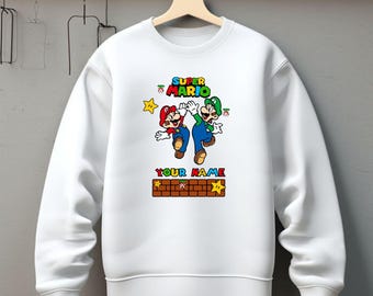 Sudadera personalizada de Super Mario, jersey con texto y nombre personalizado de Mario, el mejor regalo de cumpleaños de Super Mario para niños, jersey unisex para adultos y niños.