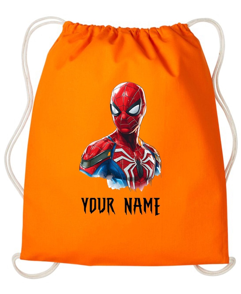 May include: Orange drawstring bag featuring a Spiderman graphic. The superhero is depicted in red, blue, and white, with the text "YOUR NAME" in black below the image. The bag has white drawstrings.