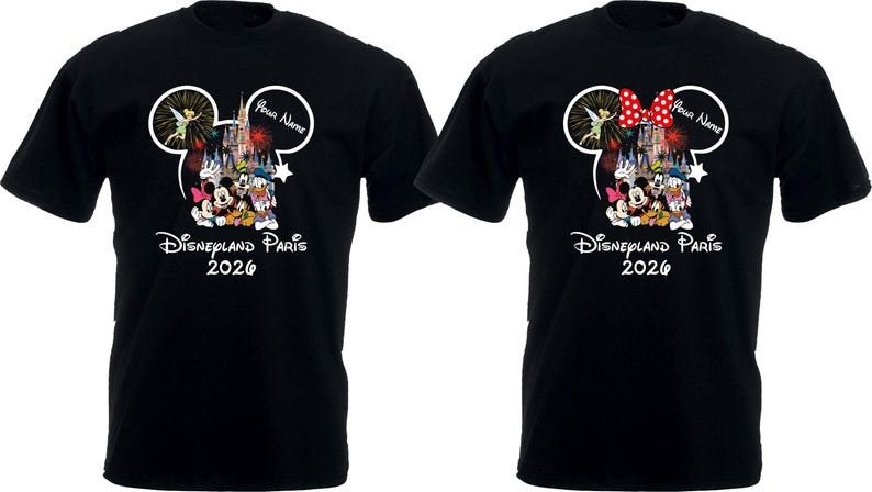 May include: Black t-shirts featuring a Mickey Mouse head design with Disneyland Paris 2026 text. One shirt has a red bow, the other does not. The design includes Disney characters, fireworks, and the text "Your Name".