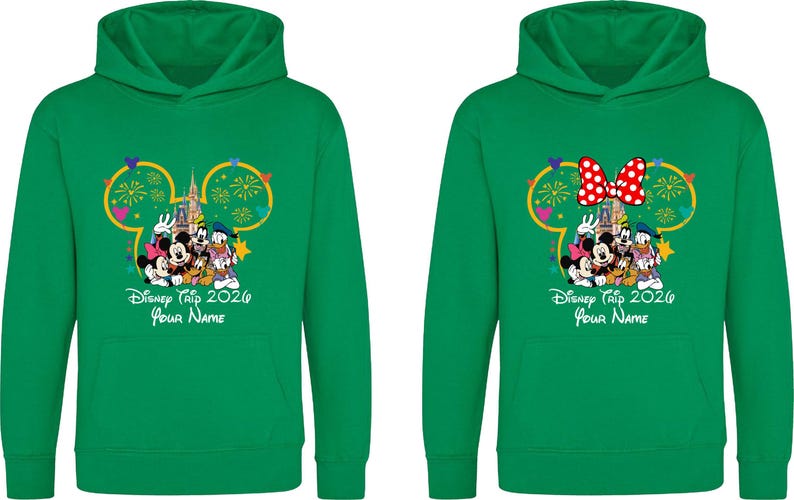 May include: Two bright green hooded sweatshirts featuring a graphic of Mickey Mouse, Minnie Mouse, Donald Duck, and Goofy in front of a castle with fireworks. The text reads Disney Trip 2026 and Your Name. One hoodie includes a red and white polka dot bow.
