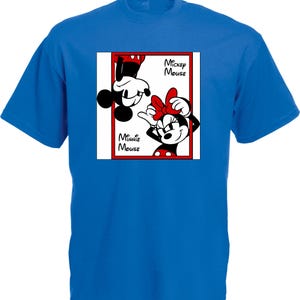 May include: A royal blue t-shirt featuring a graphic of Mickey and Minnie Mouse. The image shows Mickey Mouse upside down and Minnie Mouse right-side up, with the words "Mickey Mouse" and "Minnie Mouse" in a red-bordered box.