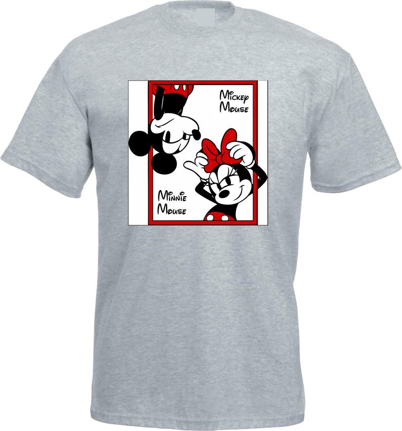 May include: A light gray t-shirt featuring a graphic of Mickey and Minnie Mouse. The design shows Mickey Mouse upside down and Minnie Mouse right-side up, both in black, white, and red. The words "Mickey Mouse" and "Minnie Mouse" are also in the design.