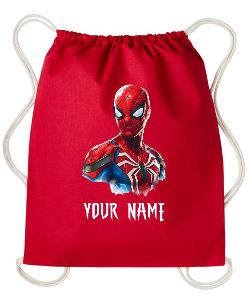 May include: Red drawstring backpack featuring a detailed illustration of Spider-Man. The superhero is depicted in his classic red and blue suit. The text "YOUR NAME" is printed in white below the image.