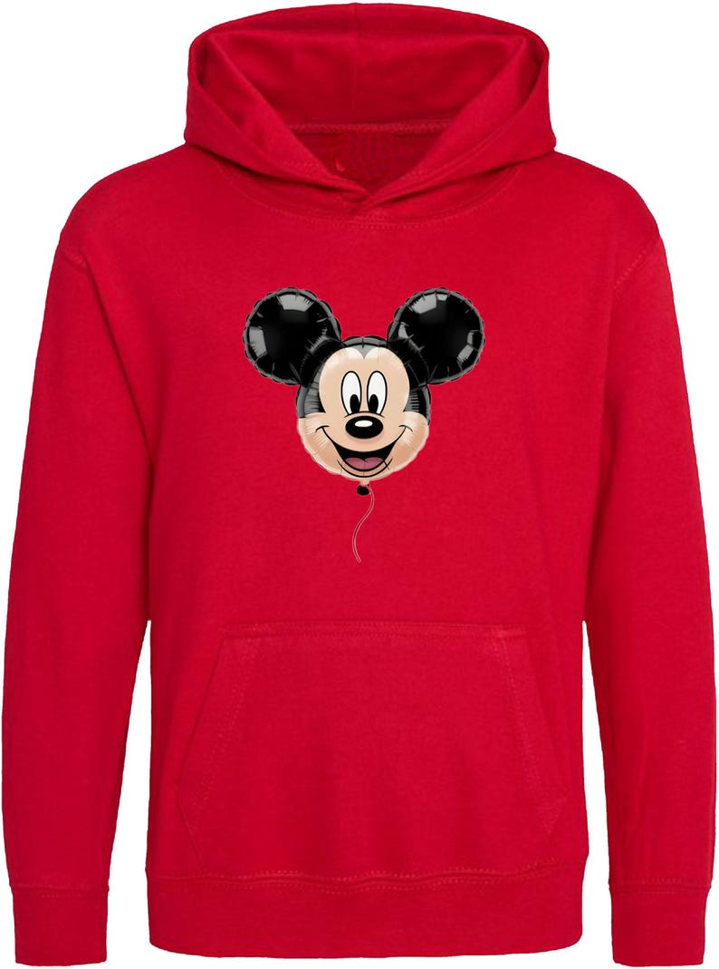 May include: A red hooded sweatshirt featuring a Mickey Mouse balloon design. The balloon has black ears and a smiling face. The sweatshirt has a kangaroo pocket and a drawstring hood.