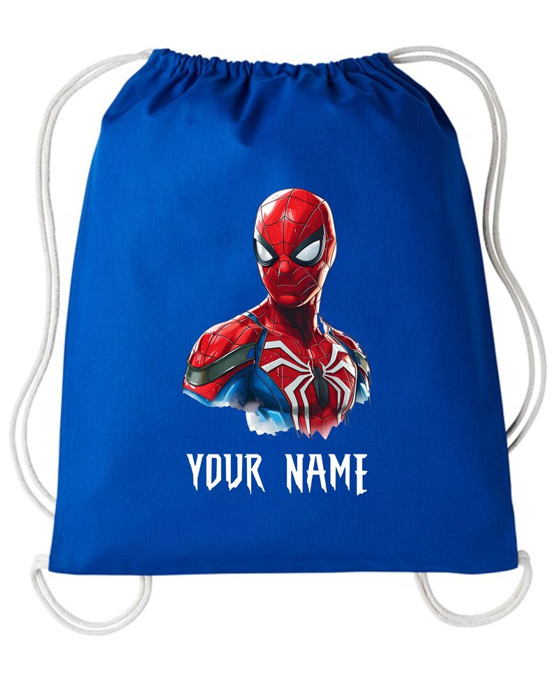 May include: A royal blue drawstring bag featuring a vibrant illustration of Spider-Man. The superhero's head and shoulders are depicted in red, blue, and white, with the text "YOUR NAME" in white below the image. White drawstring cords complete the design.