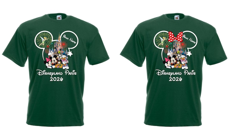 May include: Two dark green t-shirts with a Disneyland Paris 2026 graphic. One shirt features a Minnie Mouse bow and the other has a Tinkerbell design. Both shirts have a Mickey Mouse ear outline.