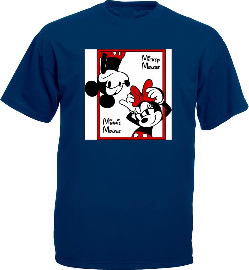 May include: Navy blue t-shirt featuring a graphic of Mickey and Minnie Mouse. The design shows Mickey Mouse upside down and Minnie Mouse right-side up, both in a red-framed box. Text includes "Mickey Mouse" and "Minnie Mouse".