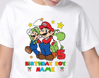 Camiseta de cumpleaños personalizada, camiseta de cumpleaños número 5, camiseta de cumpleaños para niños, camiseta de Mario, camiseta de cumpleaños de Mario, camiseta con personaje de Mario, camiseta de Super Mario,