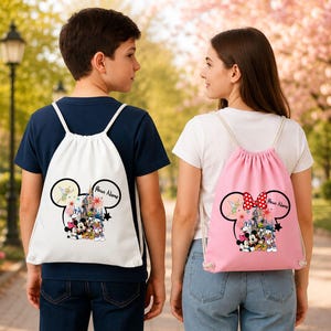 Personlig Disneyland Mickey Minnie ryggsäck med dragsko, gruppfamiljesemester, Mickey Minnie anpassad barnryggsäck med gymutrustning