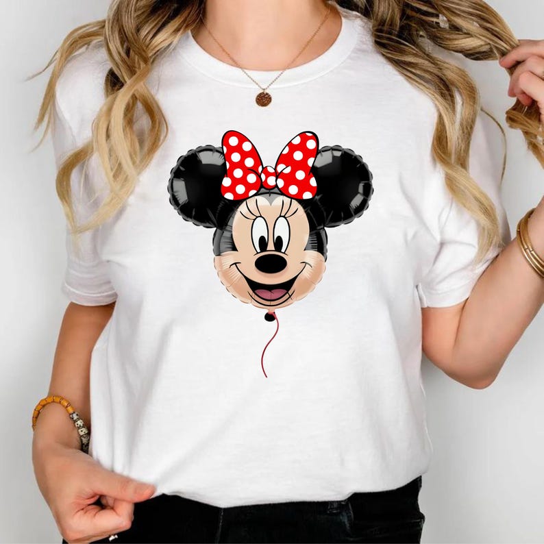 Maglietta Disney Minnie Mouse con palloncino, maglietta per viaggio a Disneyland, maglietta coordinata per le vacanze immagine 1