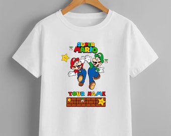 Camiseta personalizada de Super Mario, camiseta con texto y nombre personalizado de Mario, camiseta divertida de Super Mario para el mejor cumpleaños de niño, camiseta unisex para adultos y niños.