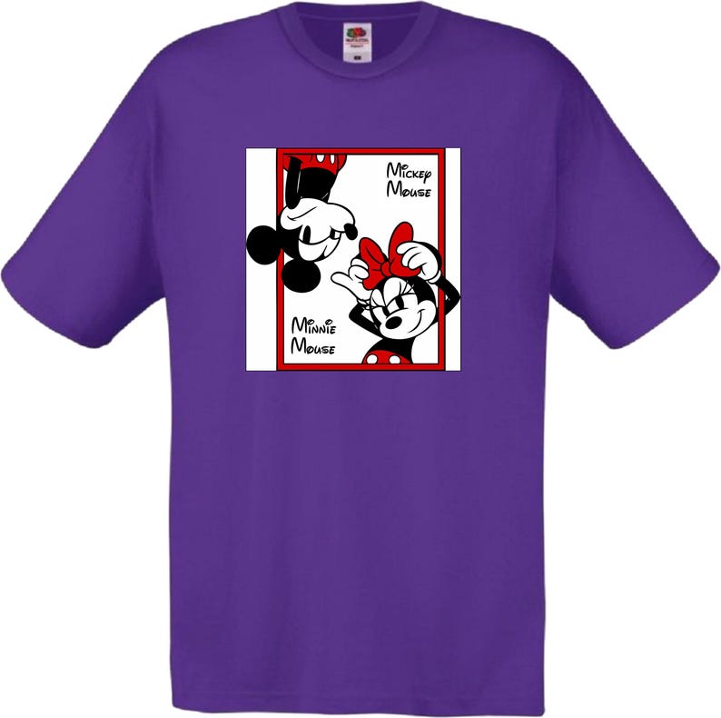 May include: A purple t-shirt featuring a graphic of Mickey and Minnie Mouse. Mickey is upside down, and Minnie is right-side up, both in a red-bordered box. The words "Mickey Mouse" and "Minnie Mouse" are also in the box.
