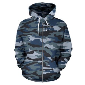 Blue Navy Zip-Up Camouflage Hoodie, Unisex Men&#39;s Women&#39;s Camo Zip Up Hoodie,  mens womens Camouflage Hoodie, Urban Streetwear, Army