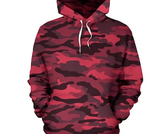 Dunkelroter Camouflage Pullover Hoodie, Unisex Herren Damen Camo Hoodie, Herren Damen Camouflage Hoodie, Urban Streetwear, Armee