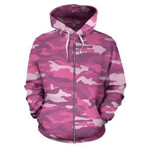 Pink Zip-Up Camouflage Hoodie, Unisex Men&#39;s Women&#39;s Camo Zip Up Hoodie,  mens womens Camouflage Hoodie, Urban Streetwear, Army