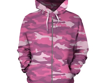 Rosa Reißverschluss Camouflage Hoodie, Unisex Herren Damen Camo Zip Up Hoodie, Herren Damen Camouflage Hoodie, Urban Streetwear, Armee
