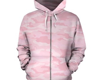 Hellrosa Reißverschluss Camouflage Hoodie, Unisex Herren Damen Camo Zip Up Hoodie, Herren Damen Camouflage Hoodie, Urban Streetwear, Armee