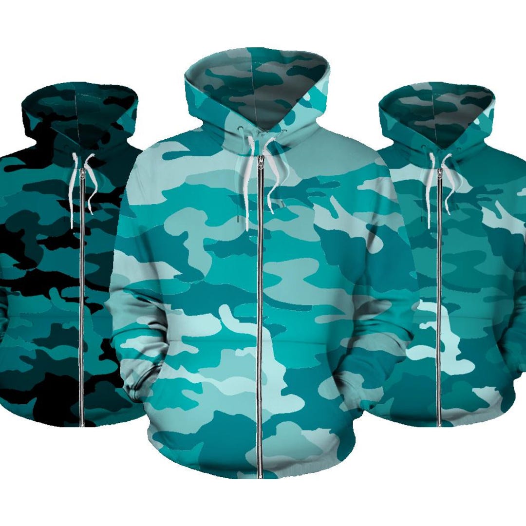 Turquoise Zip-up Camouflage Hoodie, Camo Zip up Hoodie, Unisex Mens ...