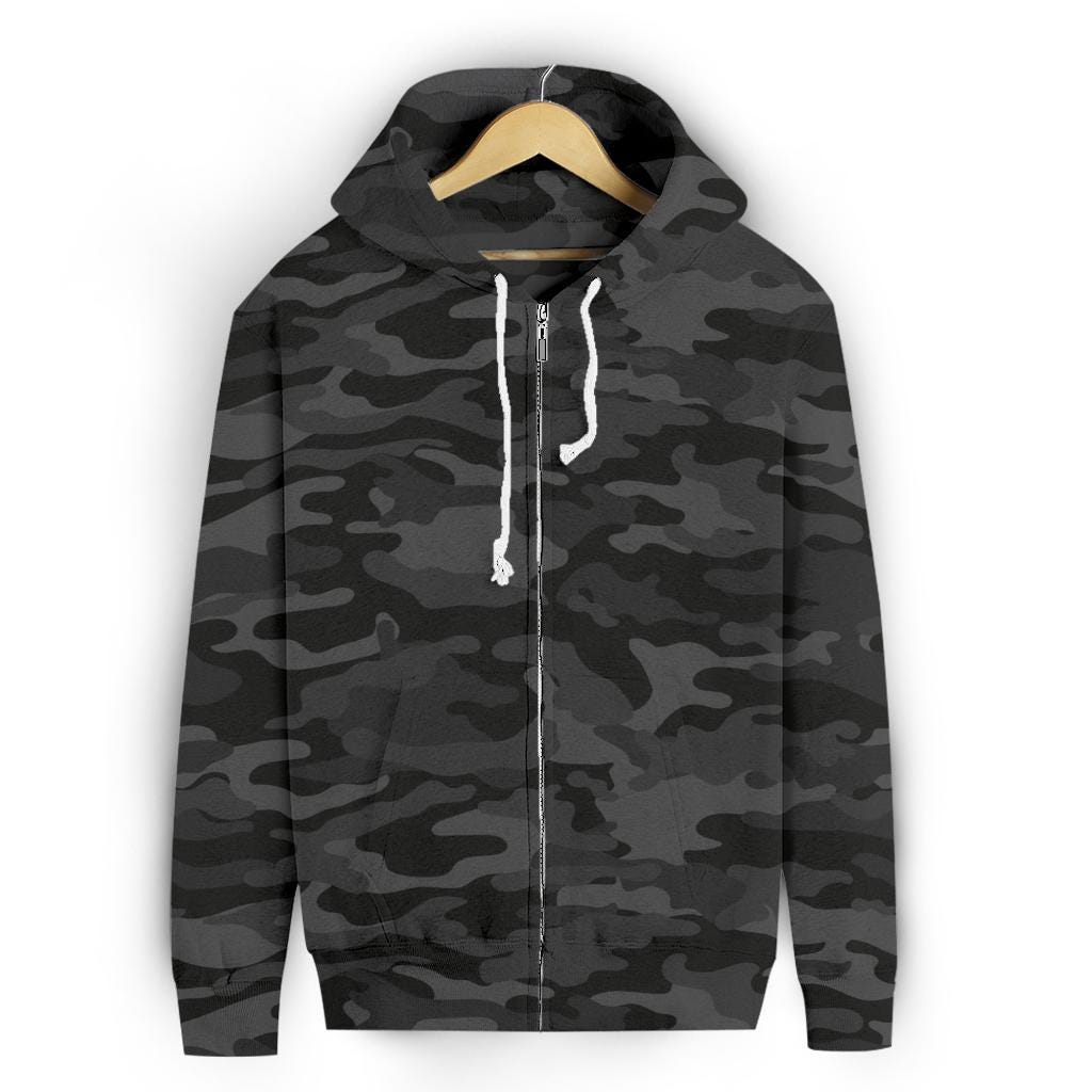 Dark Gray Zip-up Camouflage Hoodie, Unisex Men's Women's Camo Zip