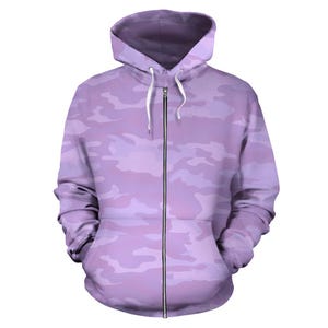 Light Purple Zip-Up Camouflage Hoodie, Unisex Men&#39;s Women&#39;s Camo Zip Up Hoodie,  mens womens Camouflage Hoodie, Urban Streetwear, Army