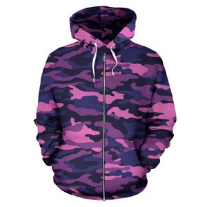 Florescent Pink Zip-Up Camouflage Hoodie, Unisex Men&#39;s Women&#39;s Camo Zip Up Hoodie,  mens womens Camouflage Hoodie, Urban Streetwear, Army