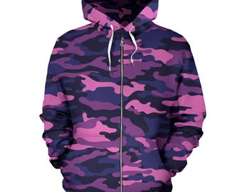 Fluoreszierender rosa Reißverschluss Camouflage Hoodie, Unisex Herren Damen Camo Zip Up Hoodie, Herren Damen Camouflage Hoodie, Urban Streetwear, Armee