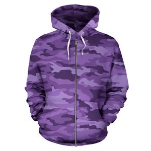 Purple Zip-Up Camouflage Hoodie, Unisex Men&#39;s Women&#39;s Camo Zip Up Hoodie,  mens womens Camouflage Hoodie, Urban Streetwear, Army