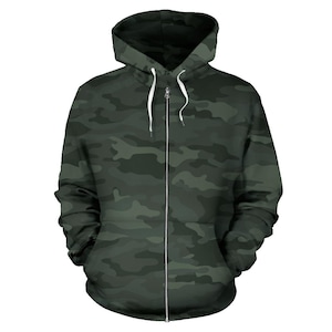 Dark Green Zip-Up Camouflage Hoodie, Unisex Men&#39;s Women&#39;s Camo Zip Up Hoodie,  mens womens Camouflage Hoodie, Urban Streetwear, Army