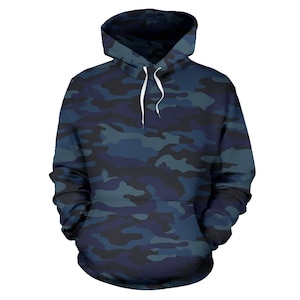 Dark Blue  Navy Camouflage Pullover Hoodie, Unisex Men&#39;s Women&#39;s Camo Hoodie, Mens Womens Camouflage Hoodie, Urban Streetwear, Army