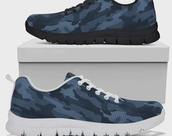 Dark Blue Navy Camouflage Shoes, Unisex Men's Women's Camo Sneakers, Mens Womens Camouflage Sneakers, Athletic Running Shoes Casual Footwear