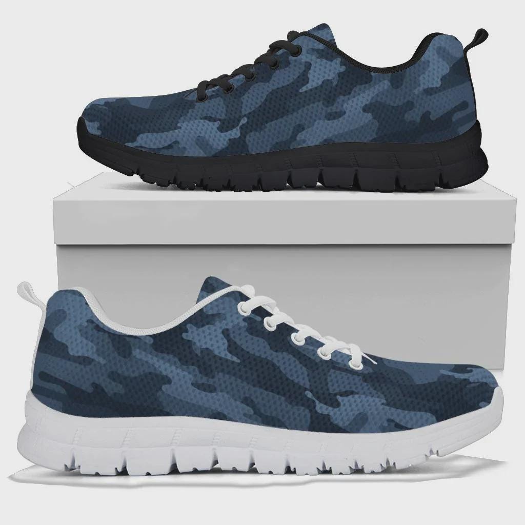 Zapatillas de camuflaje azul marino oscuro, zapatillas de camuflaje unisex para hombre y mujer, zapatillas de camuflaje para hombre y mujer, zapatilla