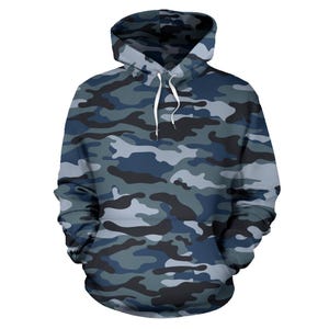 Blue Navy Camouflage Pullover Hoodie, Unisex Men&#39;s Women&#39;s Camo Hoodie, Mens Womens Camouflage Hoodie, Urban Streetwear, Army