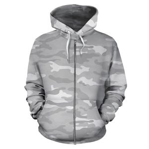 Light Gray Zip-Up Camouflage Hoodie, Unisex Men&#39;s Women&#39;s Camo Zip Up Hoodie,  mens womens Camouflage Hoodie, Urban Streetwear, Army