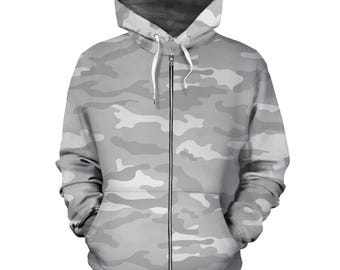 White Camo Zip up Hoodie, Camouflage Grey Cream Full Zipper Pocket