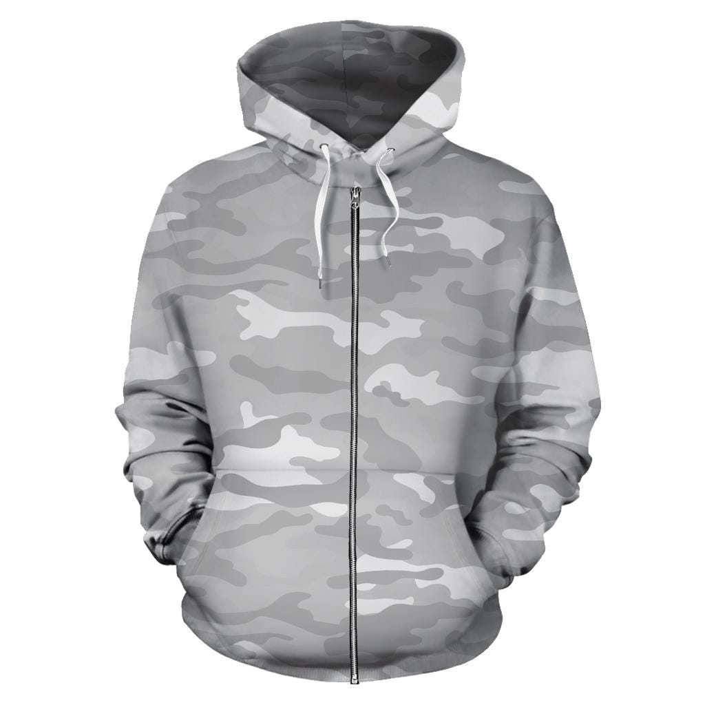 White Camo Zip Hoodie Grey Camo Sweatshirt Light Gray Zip-up