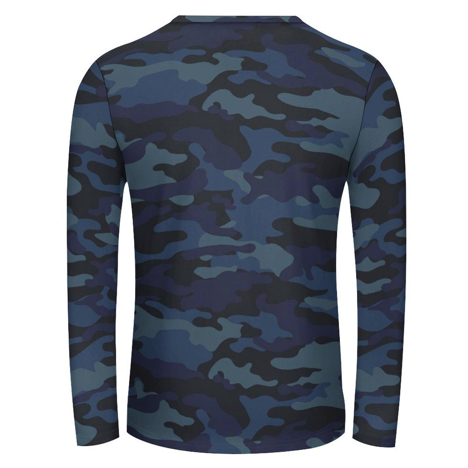Dark Blue Navy Camouflage Long Sleeve Shirt, Unisex Men
