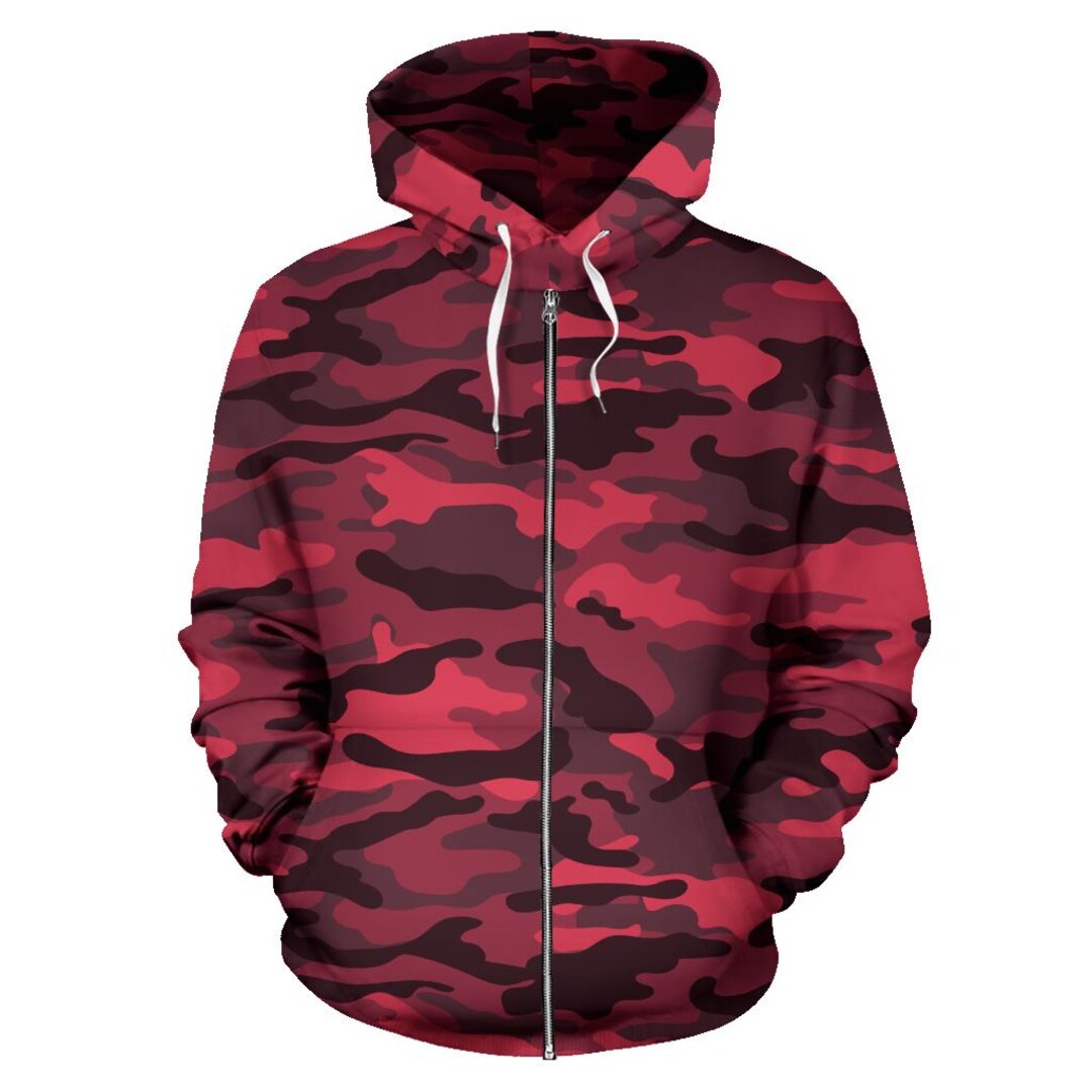 Dark Red Zip-up Camouflage Hoodie, Unisex Men's Women's Camo Zip