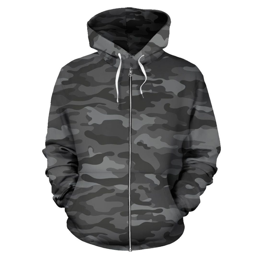 Gray Zip-up Camouflage Hoodie, Unisex Men's Women's Camo Zip up