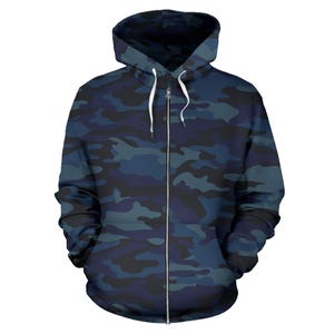 Dark Blue Navy Zip-Up Camouflage Hoodie, Unisex Men&#39;s Women&#39;s Camo Zip Up Hoodie,  mens womens Camouflage Hoodie, Urban Streetwear, Army