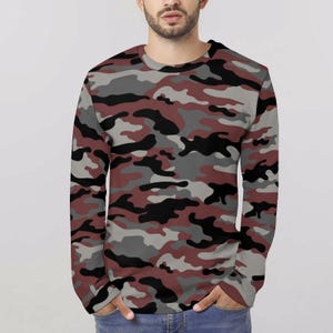 Rotes Camouflage Langarm-Shirt, Unisex Herren Damen Camo Sweatshirt, Herren Damen Camouflage Langarm-Shirt, Army