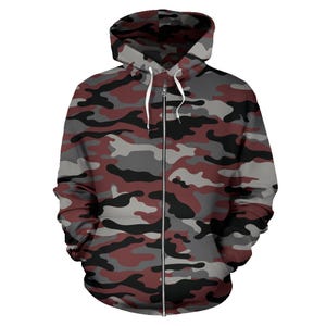 Red Zip-Up Camouflage Hoodie, Unisex Men&#39;s Women&#39;s Camo Zip Up Hoodie,  mens womens Camouflage Hoodie, Urban Streetwear, Army