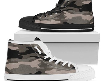 Classic Woodland Camo High Top Shoes, Unisex Men's Women's Green Camo High Top Shoes, Mens Womens Camouflage High Top Sneakers, Footwear