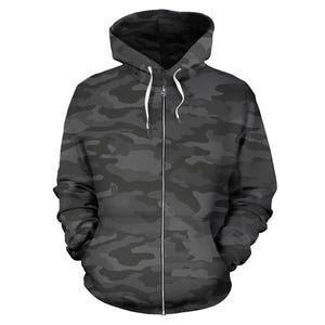 Dark Gray Zip-Up Camouflage Hoodie, Unisex Men&#39;s Women&#39;s Camo Zip Up Hoodie,  mens womens Camouflage Hoodie, Urban Streetwear, Army
