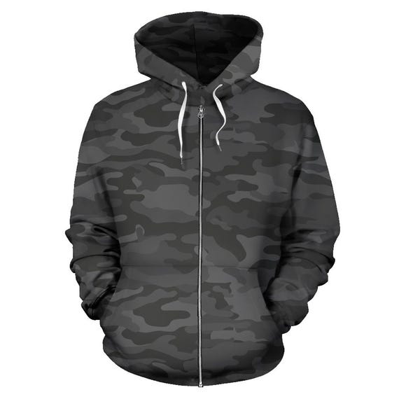 Dark Gray Zip-up Camouflage Hoodie, Unisex Men's Women's Camo Zip