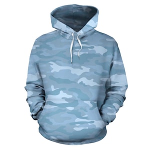 Light Blue Camouflage Pullover Hoodie, Unisex Men&#39;s Women&#39;s Camo Hoodie, Mens Womens Camouflage Hoodie, Urban Streetwear, Army