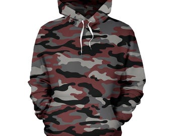 Roter Camouflage Pullover Hoodie, Unisex Herren Damen Camo Hoodie, Herren Damen Camouflage Hoodie, Urban Streetwear, Armee