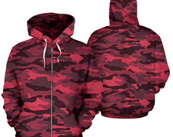 Dark Red Zip-up Camouflage Hoodie, Unisex Men's Women's Camo Zip