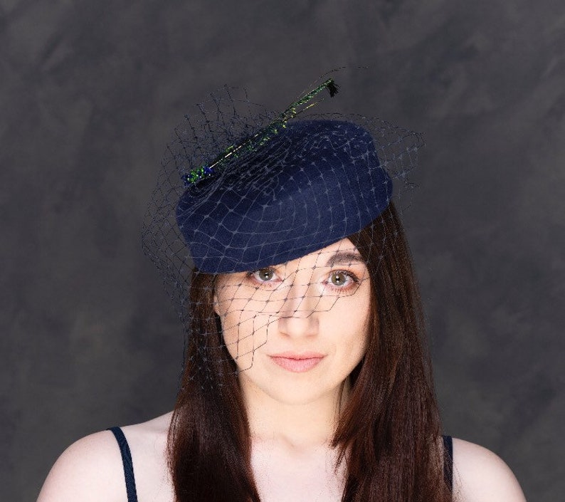 Navy Pillbox Hat With Peacock Feathers and Burn Cage Veil, Mother of