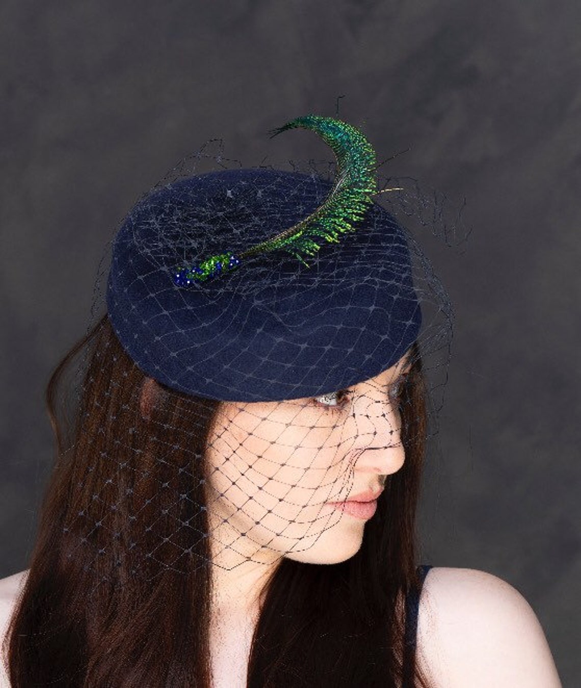 Navy Pillbox Hat With Peacock Feathers and Burn Cage Veil Etsy UK