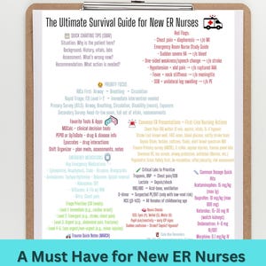 May include: A clipboard featuring "The Ultimate Survival Guide for New ER Nurses." The guide provides quick charting tips, red flags, and emergency room nurse study information. The bottom of the clipboard reads "A Must Have for New ER Nurses."